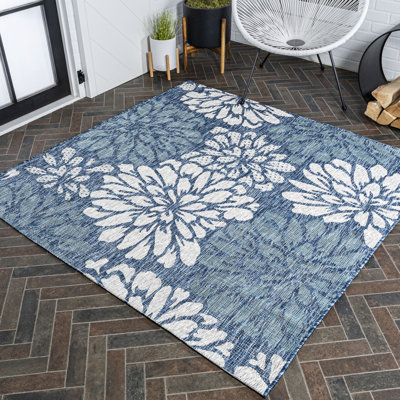 Hagy Modern Floral Textured Weave Navy/Aqua Indoor/Outdoor Rug