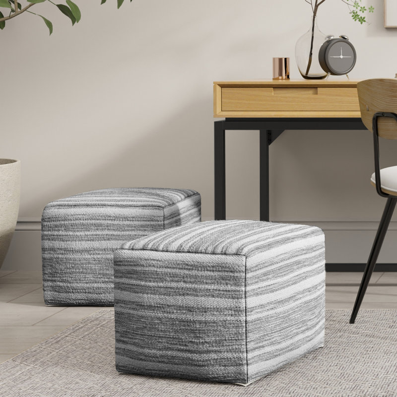 Carina 18"W Upholstered Wool Square Pouf with Black and White Melange Design