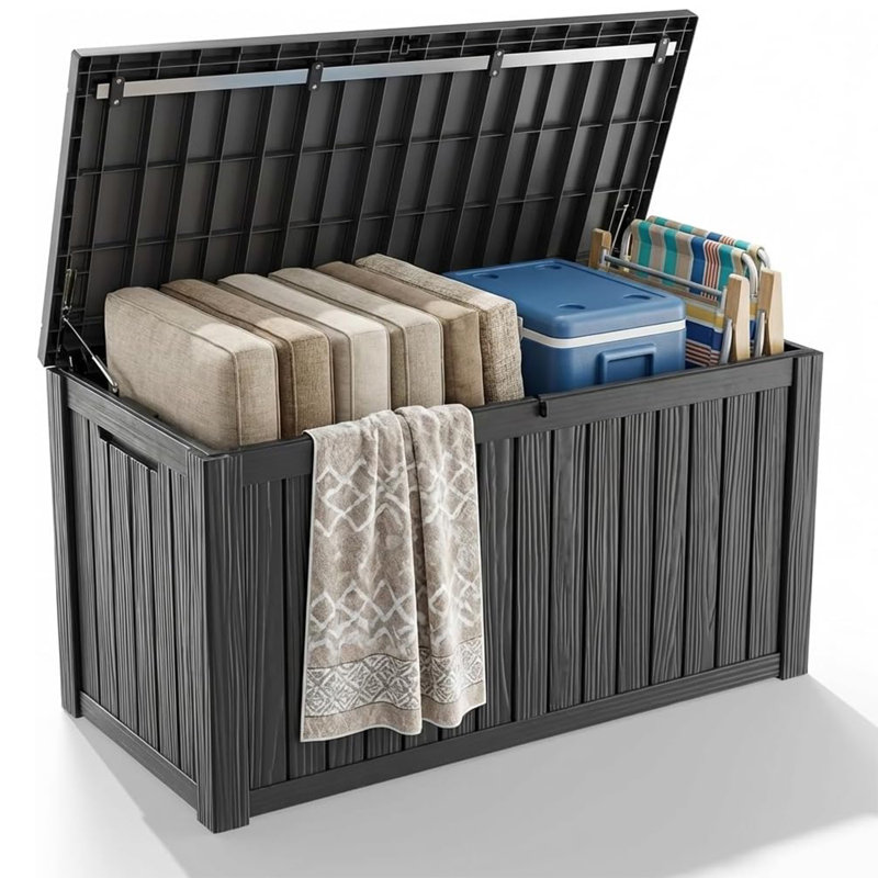180 Gallon Black Resin Deck Box For Garden Tools, Pool Accessories & Outdoor Cushions, 180 Gallons, Black