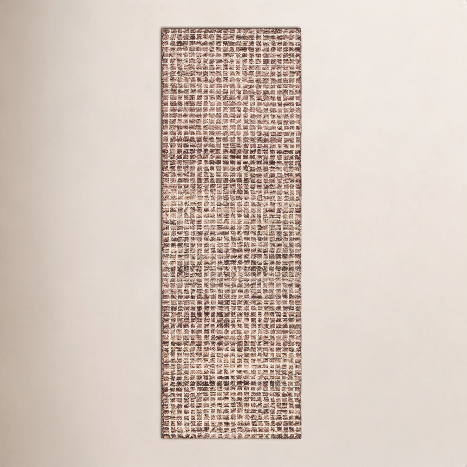 Brown Hand-Tufted Checkered Wool Rug, Runner 2'6" x 12'