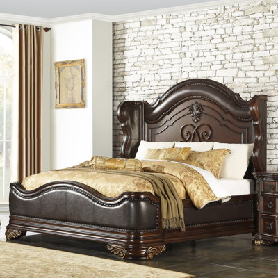 Royal Traditional Queen Bed Upholstered Carved Wood Nailhead Trim Wingback Formal Elegant Bedroom Furniture 1pc