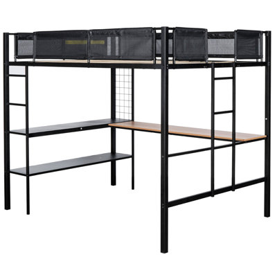 Lit mezzanine double en métal avec bureau et tablettes