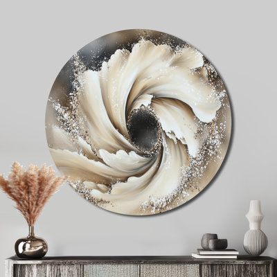 «Celestial Beige Vortex Illusion», art mural rond en métal bord de mer, vue sur l'océan et le lac