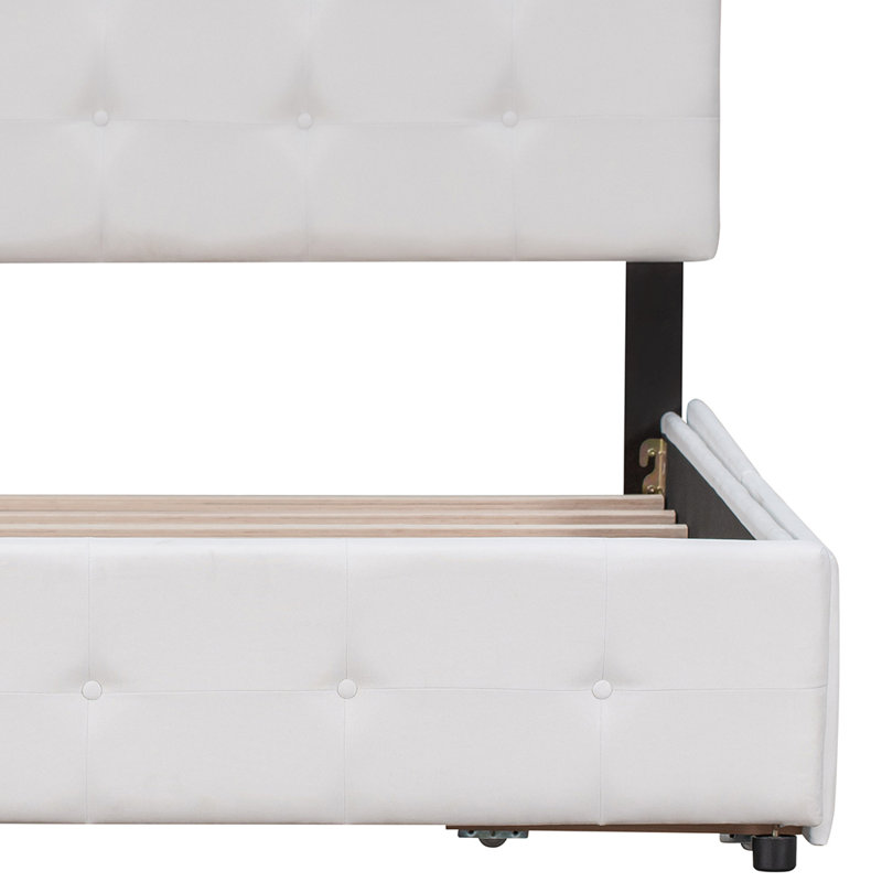 Lit plateforme tapissier avec tiroirs et tête de lit capitonnée Regnald, Beige