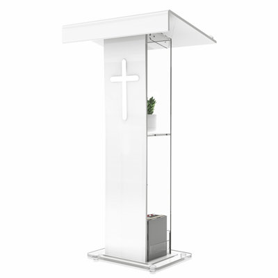 45.31 Acrylic Podium Lectern, Pulpit for Churches Stand with Double Shelves, Modern Plexiglass Pulpits Lectern with Cross Design for Classroom, Conference, Presentation,Wedding