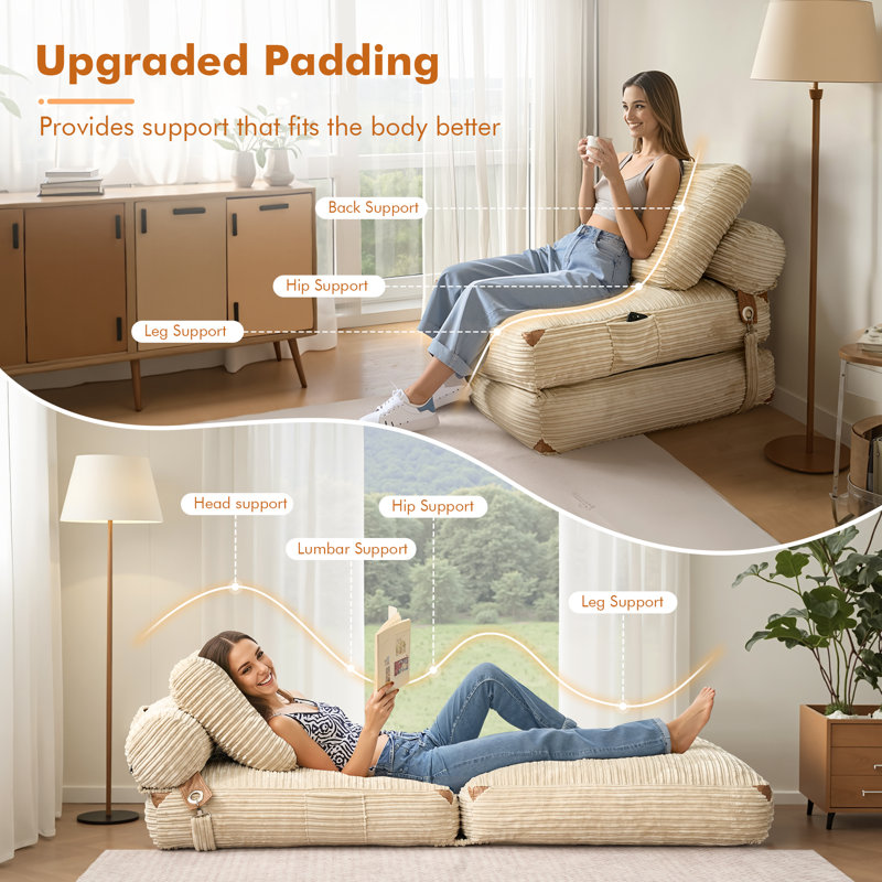 Convertible Corduroy Sleeper Chair Bed – No Assembl&Compression Packed, With Storage Pocket, Beige