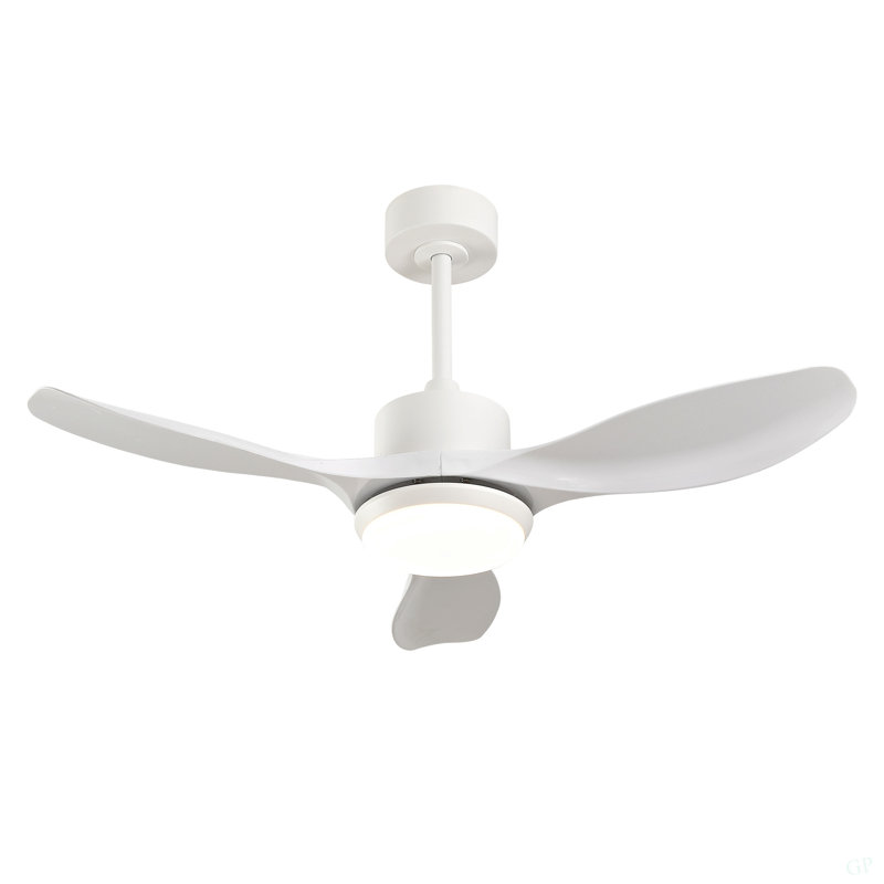 Modern White Ceiling Fan With Light, Featuring 3 ABS Plastic Blades, Remote Control Operation, Reversible DC Motor, And Dimmable LED Lighting.