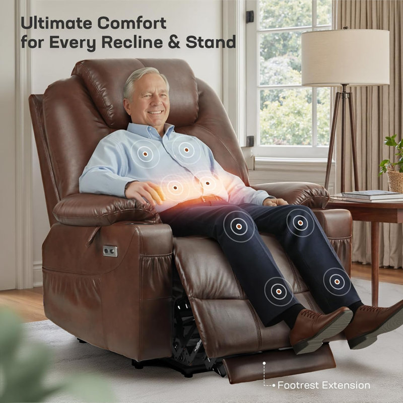 Dual Motor Power Lift Recliner Chair for Elderly with Massage and Heat, Electric Lift Chair for Big and Tall Adults, USB A&C, 2 Cup Holders (T6013 - Faux Leather, Brown, Oversized)