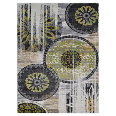 Tapis en polypropylène tissé à la machine Crayton - couleur noir et vert | Motif floral | Tapis de salon