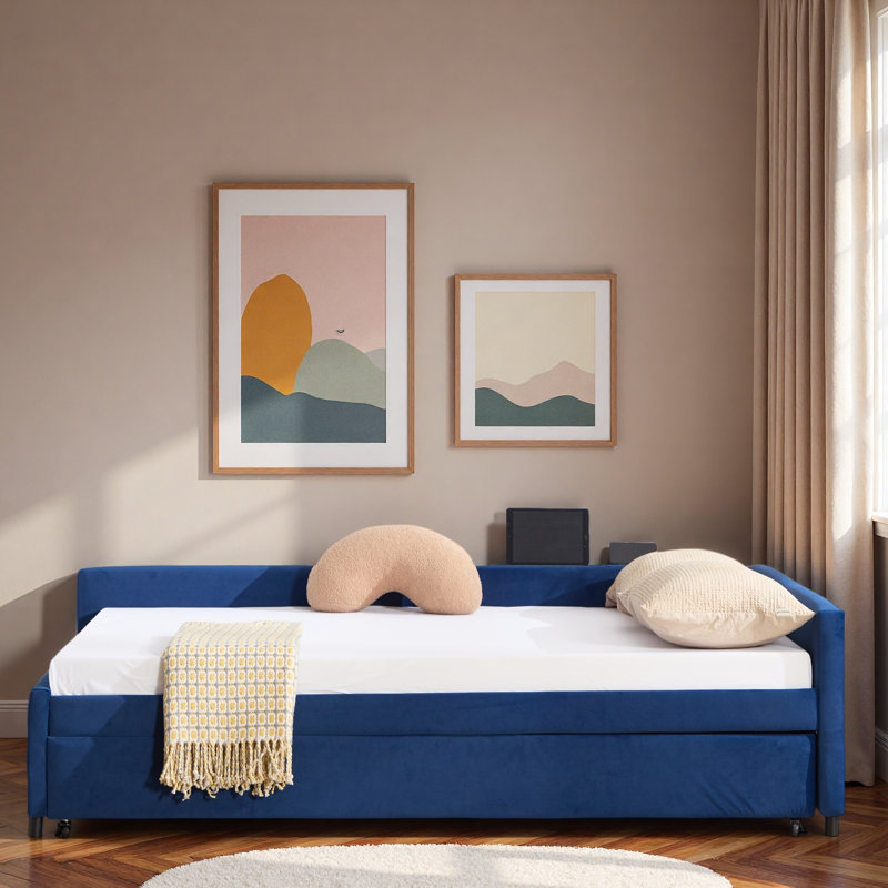 Upholstered Daybed With Trundle And Usb, Navy