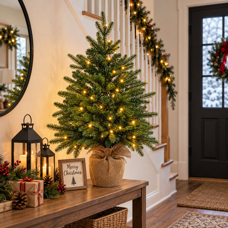 Sapin de Noël artificiel de 90 cm (3 pi) pré-illuminé, en PE/PVC mélangé, avec base en toile de jute
