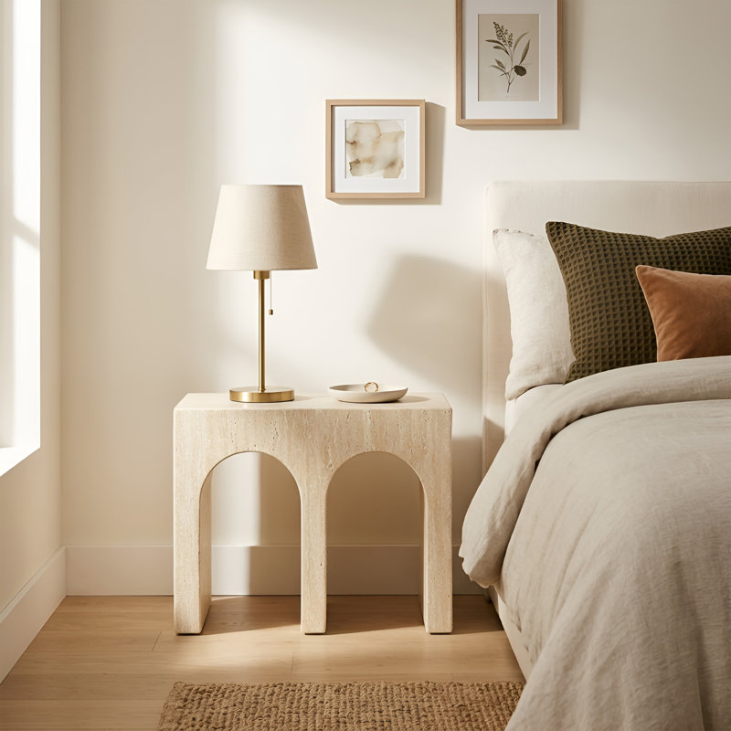 Modern Side Table with Faux Travertine Design, M-Shaped End Table For Living Room/Hallway, Beige