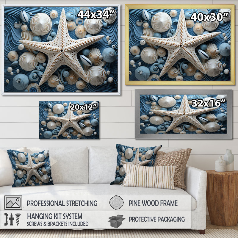 Minimalisme, étoile de mer bleue et blanche - étoile de mer, art mural sur toile, Cadre flottant noir