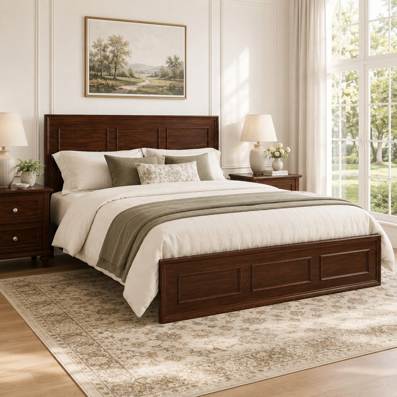 Queen Size Solid Platform Bed with Adjustable Height Headboard, Rectangular Panel Footboard, Walnut