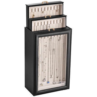 Necklace Organizer Box with Clear Glass Lid Tangle-Free PU Leather Velvet, Jewelry Chains Bracelets Storage Display Case