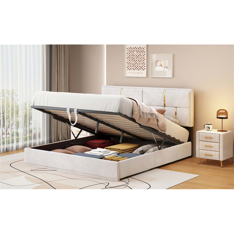 Lit plateforme tapissier avec rangement hydraulique, aucun sommier requis, tissu doux et tête de lit dorée