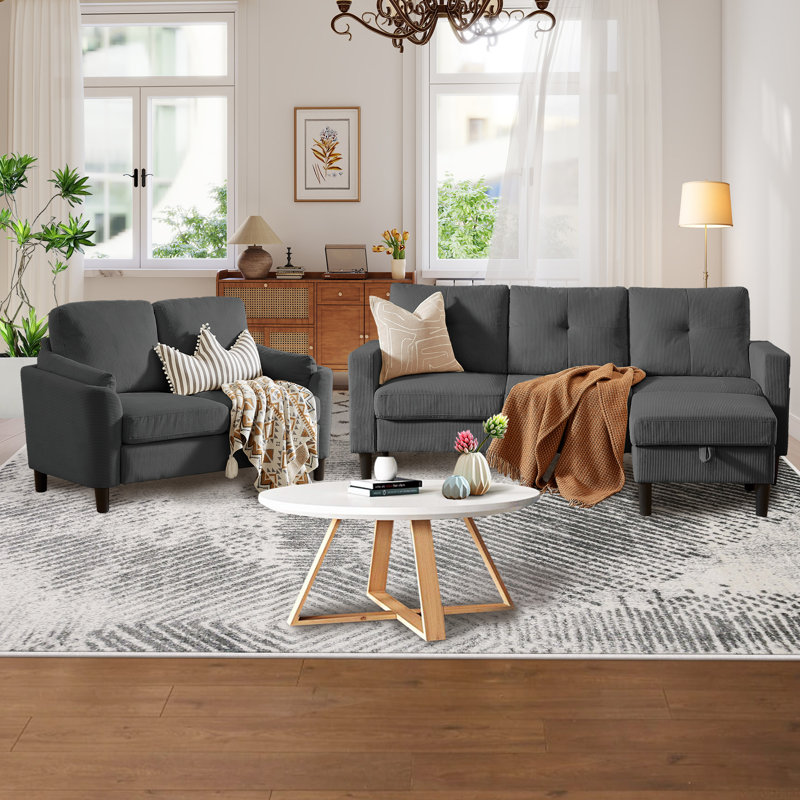 3 Pieces Living Room Sets, Dark Gray Polyester Blend