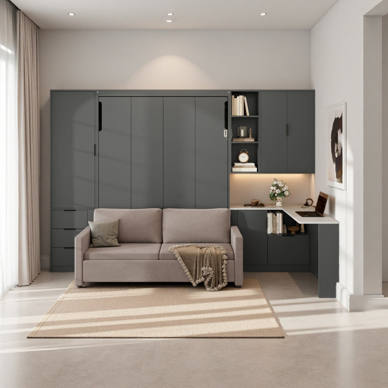 Grand lit escamotable mural avec rangement hydraulique, canapé, tablettes et tiroirs, éclairage DEL / USB, Gris
