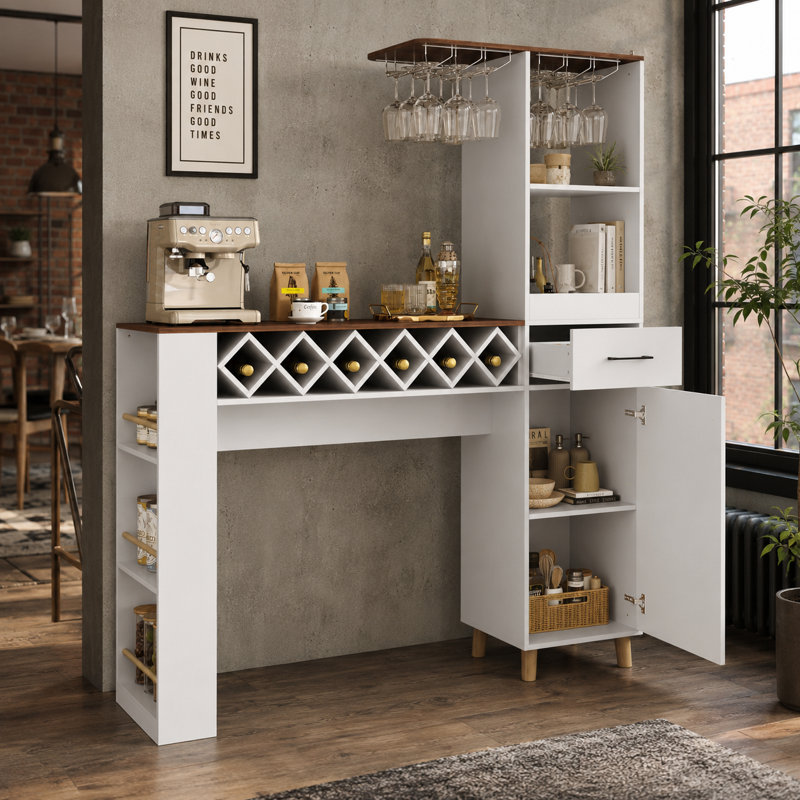 Meuble-bar UNAFLOR avec table à manger, 6 porte-verres, casier à vin amovible et tablettes latérales, Blanc