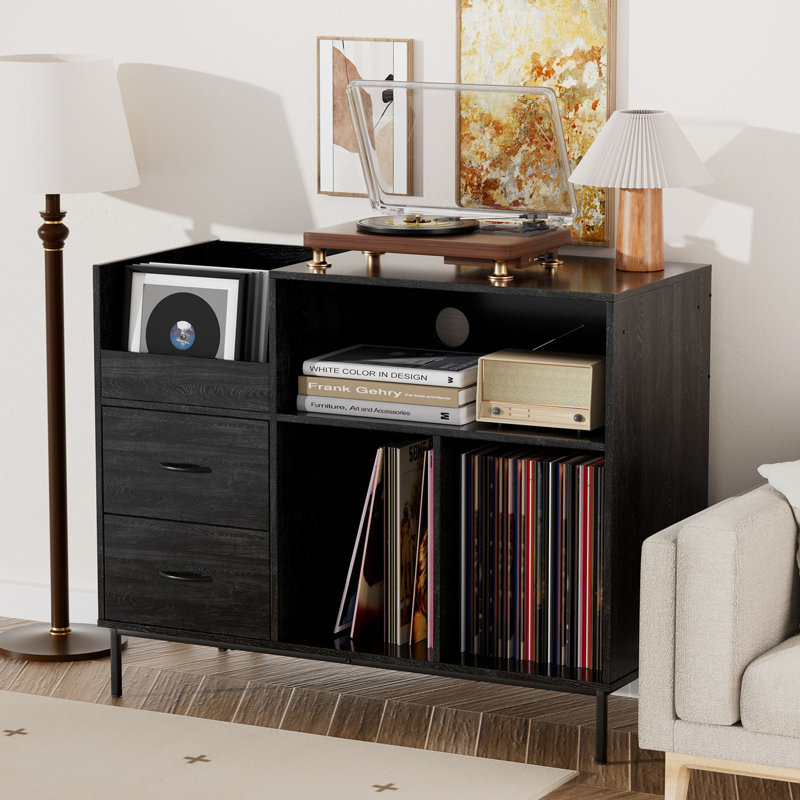 Record Player Stand With Power Outlet And Flip-Down Lid, Medium Record Storage Console