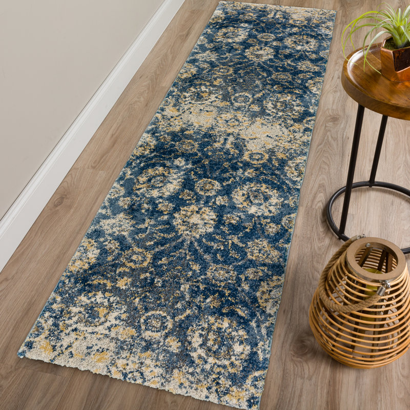 Tapis floral bleu / beige Mekhage, Rectangle 5 pi 1 po x 7 pi 5 po