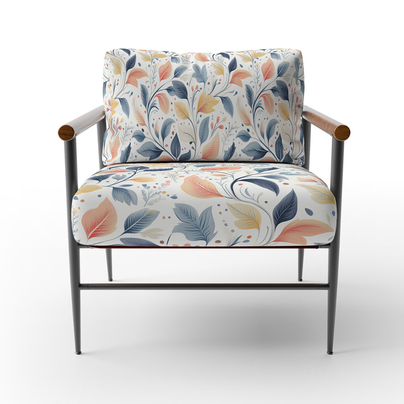 Chaise d'appoint Boho - Fauteuil à motif cachemire botanique orange, Bras ronds bruns