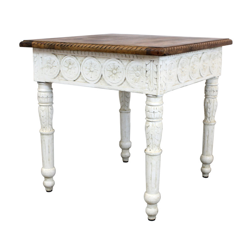 24" Ivory And Brown Distressed Solid Wood Square End Table