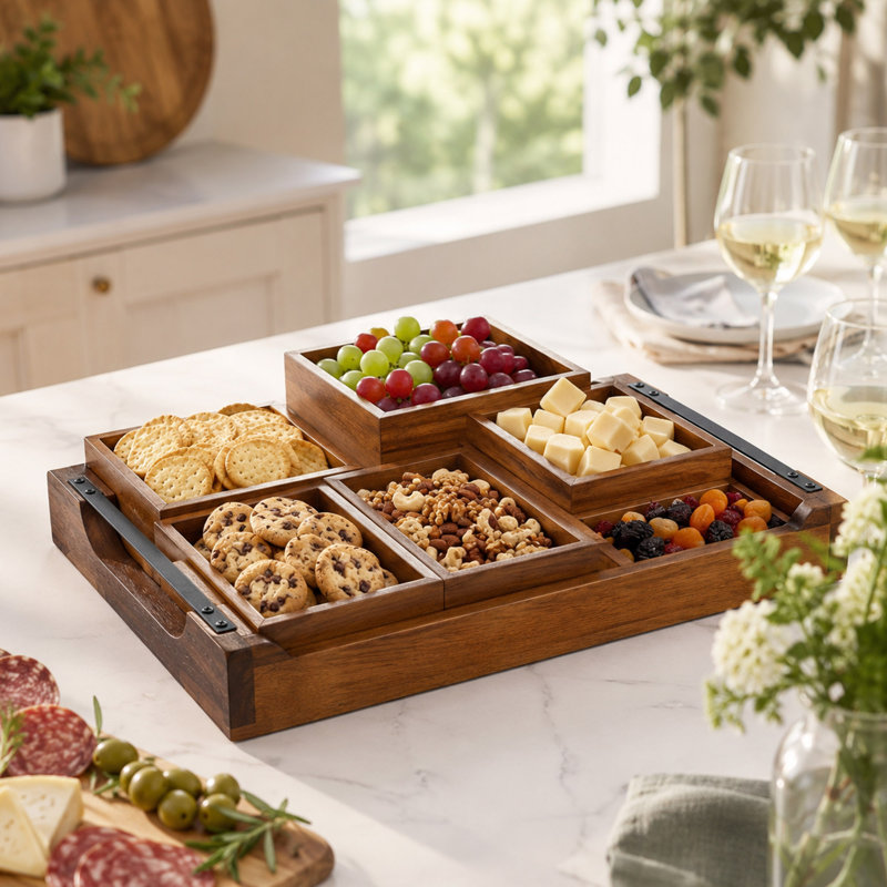 Acacia Wood Modular Serving Tray, Removable Snack Sections