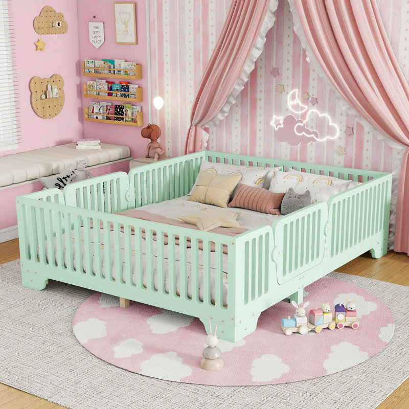 Lit double avec lattes et clôture, lit double Montessori avec porte, aucun sommier nécessaire, vert menthe