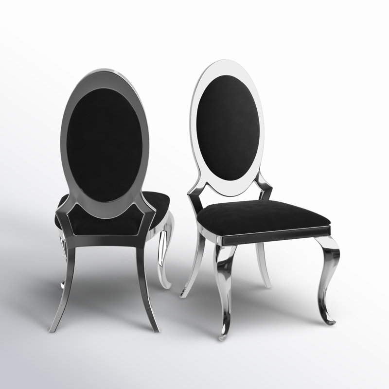Amity Upholstered King Louis Back Side Chair with Stainless Steel Frame, Black, Silver