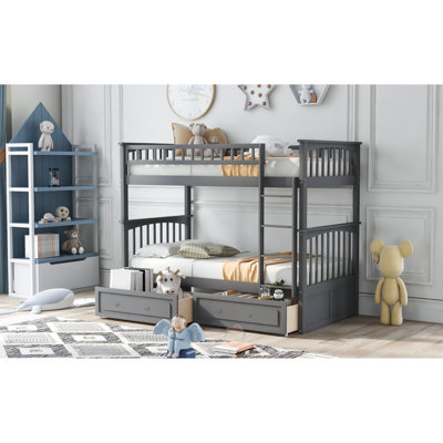 Gray Twin Over Bunk Bed With Drawers - Materials, Practical Design Fence-Shaped Guardrail