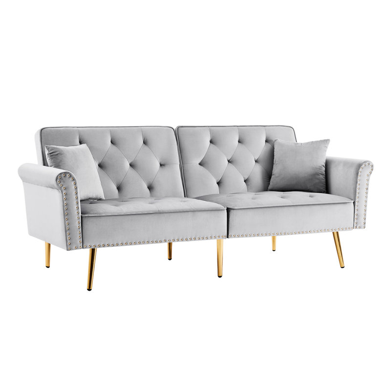 Canapé contemporain en velours gris avec rembourrage confortable et pieds de lit en métal avec revêtement doux