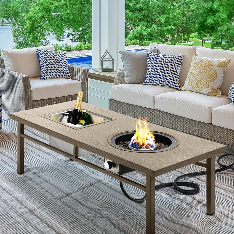 Table de foyer au propane en aluminium, table basse extérieure 3 en 1 de 119 cm (47 pouces) et 50 000 BTU, avec seau à glace de 17 litres (4,5 gallons) et pierres de lave pour terrasse, kaki