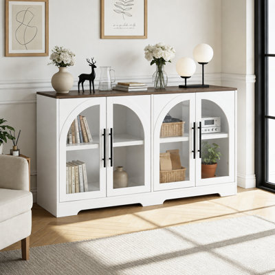 Buffet de 55 po de style rustique avec portes en verre arquées, buffet moderne avec rangement et tablettes réglables, pour la cuisine, le salon et le vestibule