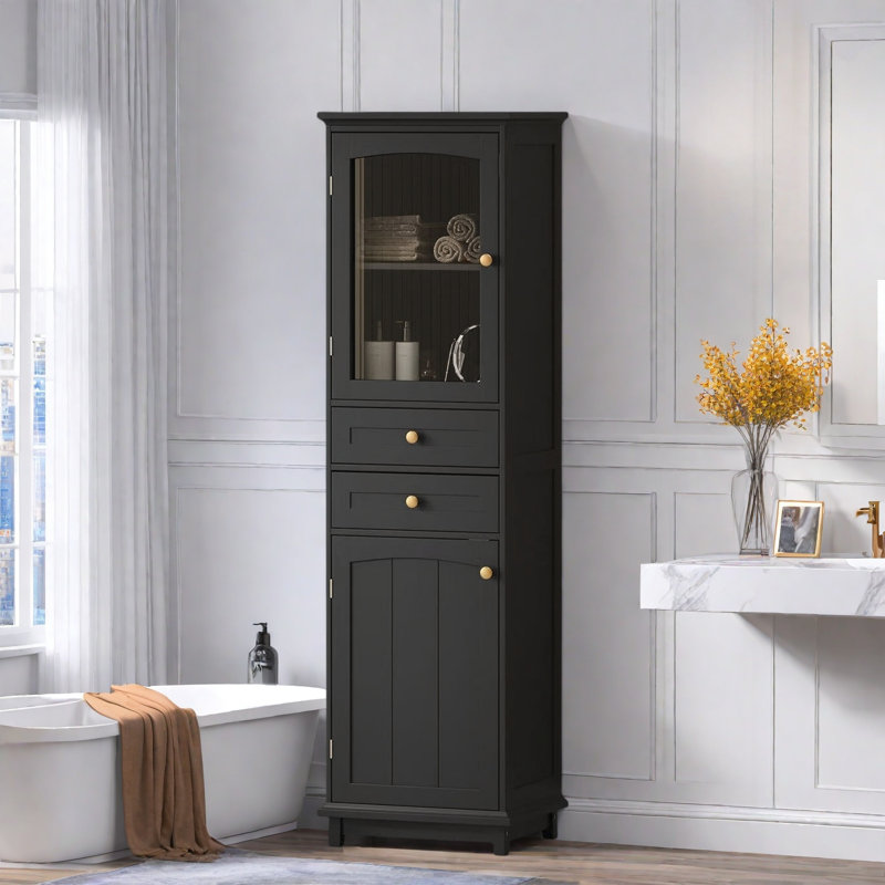 Armoire de rangement pour salle de bain avec portes en verre, 2 tiroirs et tablettes réglables, Noir