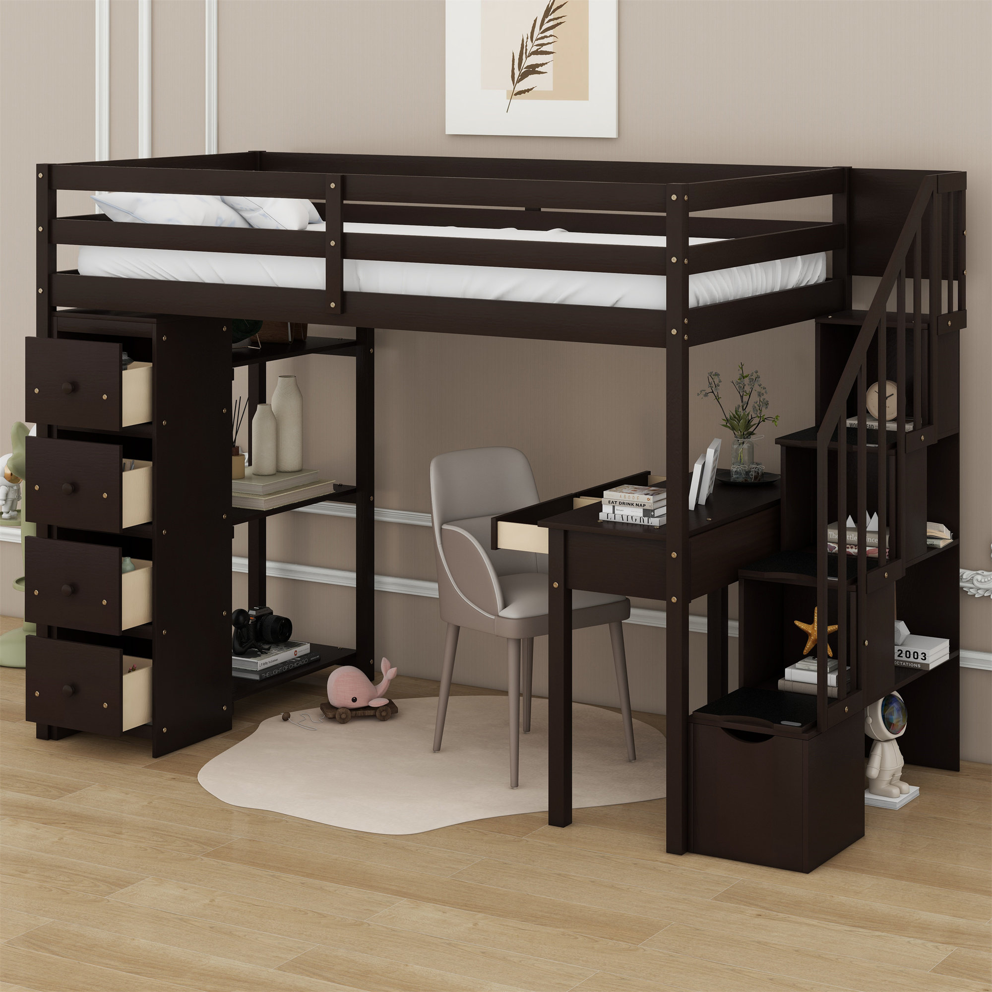 Harriet Bee Loft Bed With Storage Drawers ,Desk,Stairs And Shelves ...