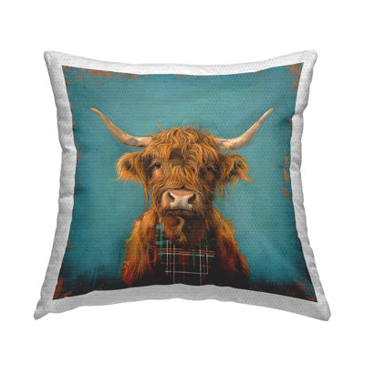 Stupell Industries Highland Cow on Blue Design by LSR Design Studio Outdoor Printed Pillow