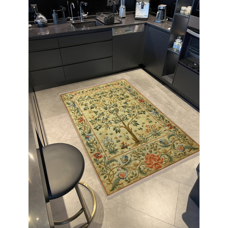 Tapis décoratif vert frangé à motif arbre vert et lierre, Tapis de couloir 2 pi 8 po x 7 pi 11 po