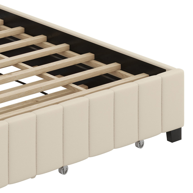 Lit plateforme tapissier avec 2 tiroirs et lit gigogne, Beige