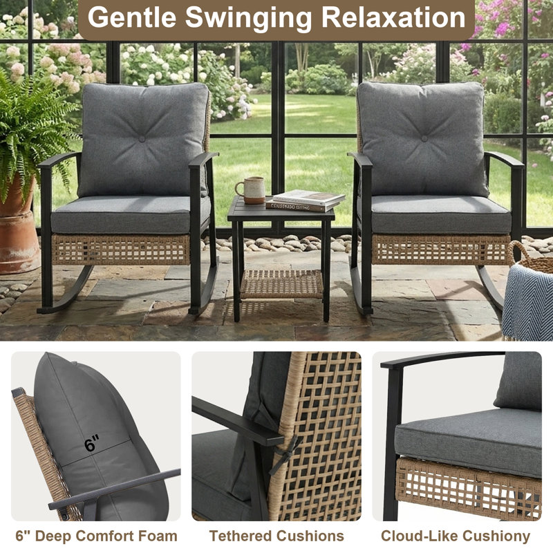 Yardgrace 3-Piece Outdoor Rocking Bistro Set With Cushions & 2-tier Coffee Table, Gray