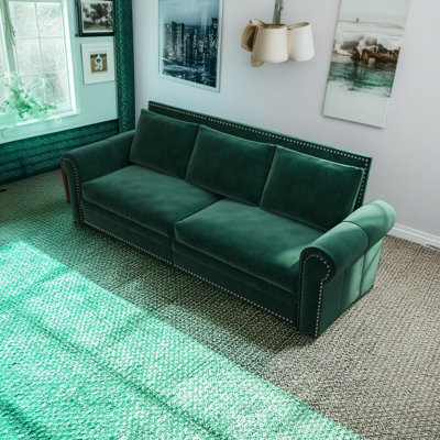 Canapé-lit 93,7 pouces 3-en-1 Chesterfield en tissu de velours avec têtes de clou classique et accoudoirs roulés, vert et élégant.
