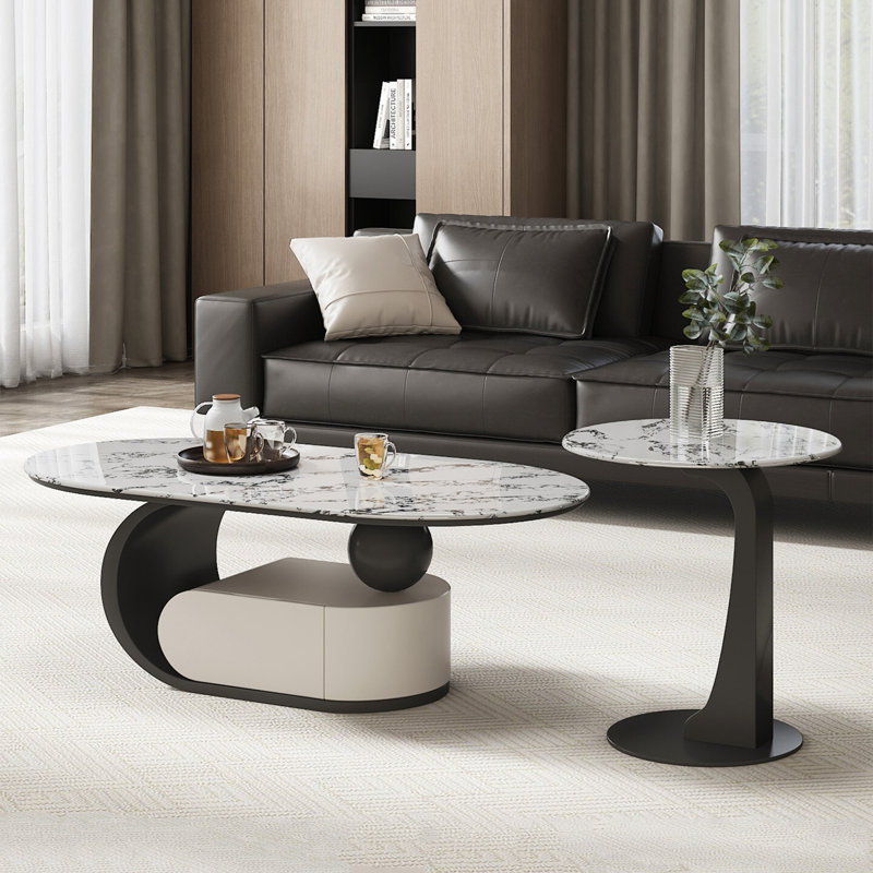 Table basse italienne en pierre micro-cristalline, Granit, H 15,7 po x l 51,2 po x P 27,6 po, Noir / Gris foncé