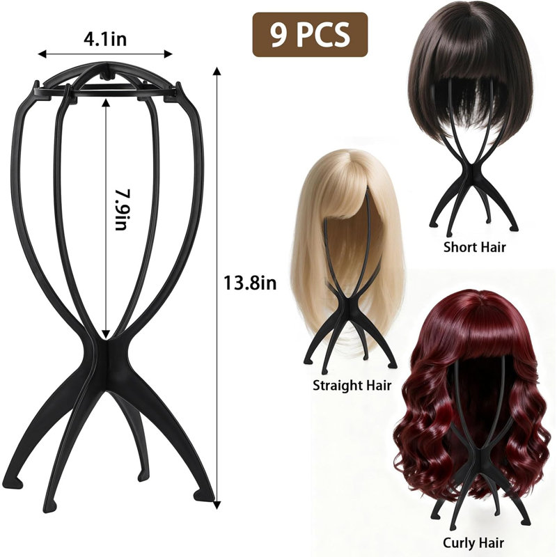 9 porte-perruque, support de perruque portatif pour femme, perruques multiples (noir)