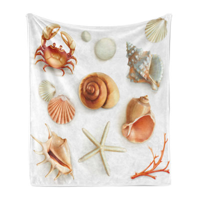 Ambesonne Ocean Fleece Blanket Seashells Marine Aquatic Tan Cream