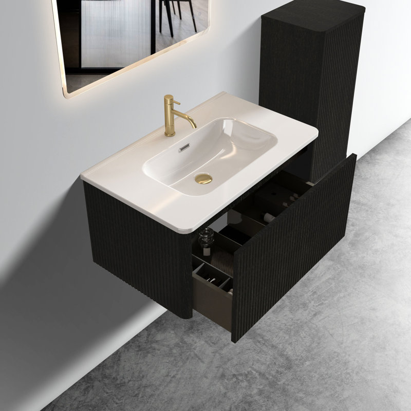 Meuble-lavabo contemporain: 30 po avec chêne noir, lavabo en céramique blanche, meuble-lavabo pratique - lavabo rayé de style moderne rayé, tiroir