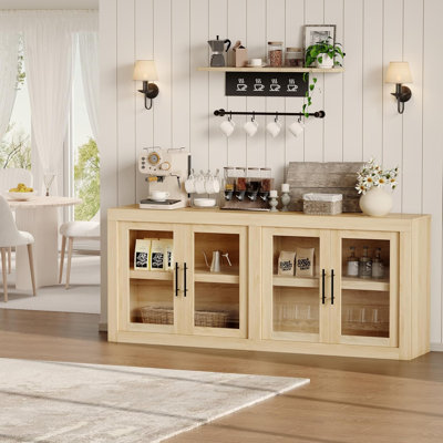 Buffet Mid-Century moderne - crédence en bois de 70,8 po avec 4 portes en verre - rangement spacieux pour la salle à manger, la cuisine ou le couloir - café et console média - couleur bois, 4 portes en verre