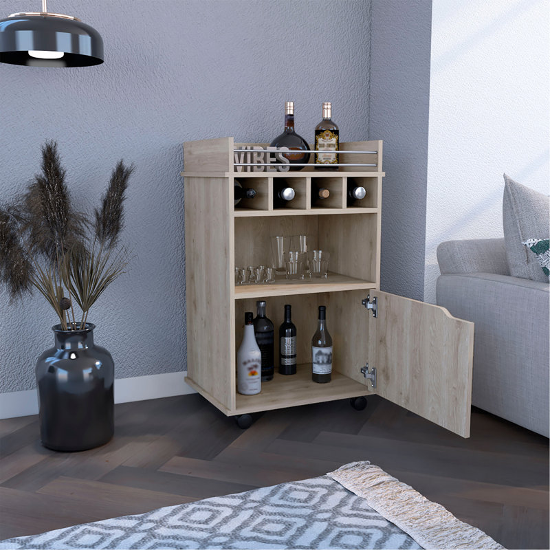 Sims 35" H Bar Cart With Two Shelves Four Wine Cubbies And One Cabinet, Beige