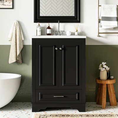 Black 24'' Bathroom Sink Vanity - Modern Cabinet Design, Ceramic Basin, Silver Hinge, Ample Storage Appearance, Cabinet, Knob, Functional Storage, Adjustable Shelf, ,