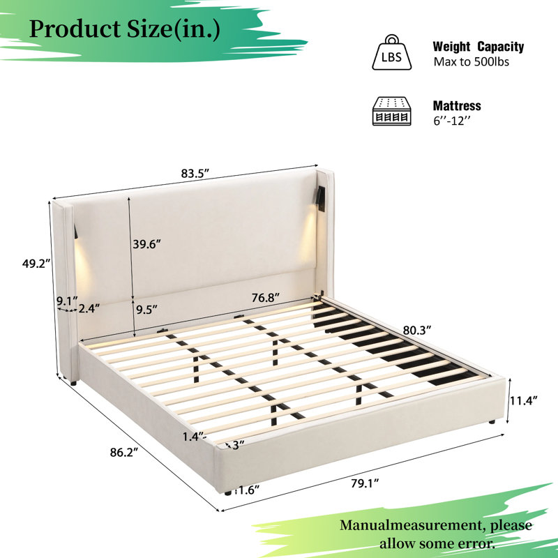 Beige Luxury Upholstered Bed Frame – High Wingback Headboard, USB Charging Port & Adjustable Reading Lamp, No Box Spring
