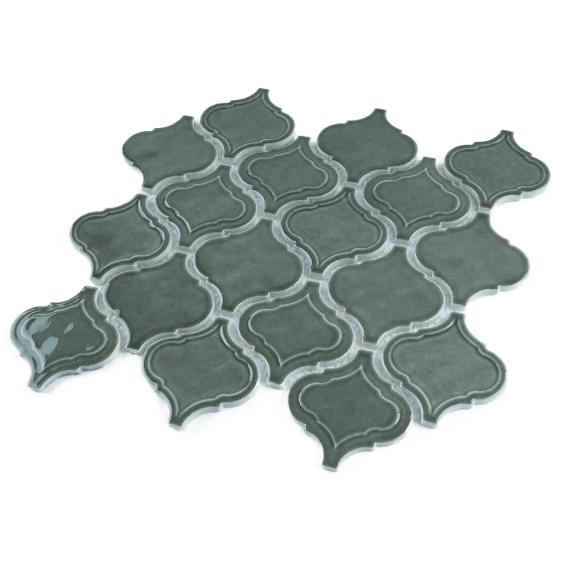 Classic 10.36 in. x 9.38 in. Arabesque Glossy Glass Mosaic Tile, Green